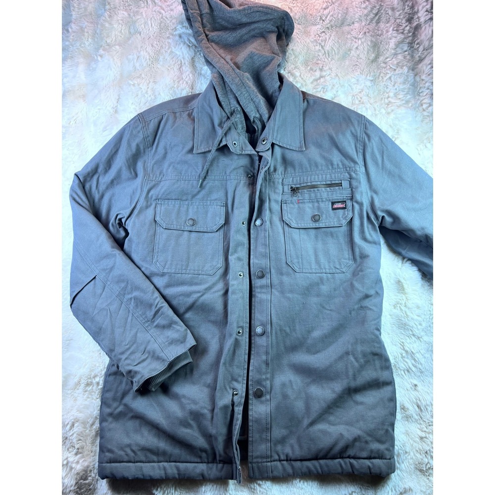 Genuine Dickies Mens Gray Hooded Canvas Shirt Jacket Size S Lined Work Coat A25